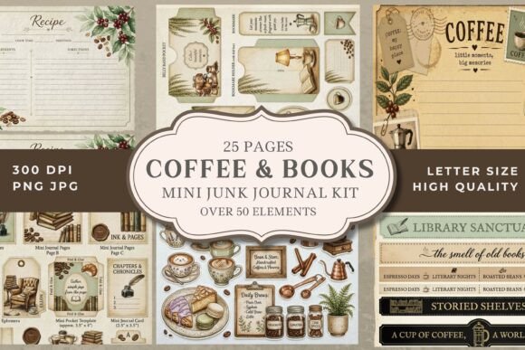 Download Vintage Coffee &amp; Books Junk Journal Kit - Junk journal kit Collection